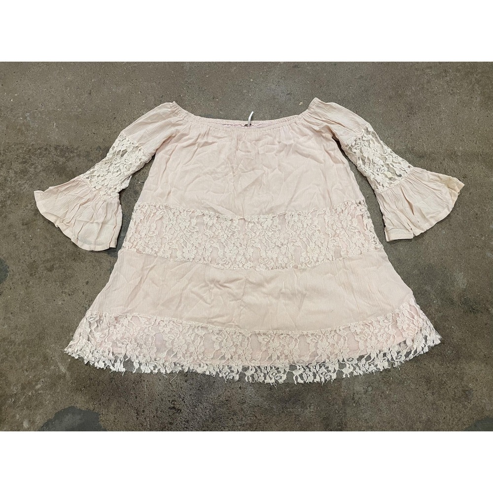 Free People Lace Dress Womens XS‎ Pink Off Shoulder Boho Short Mini Bell Sleeve